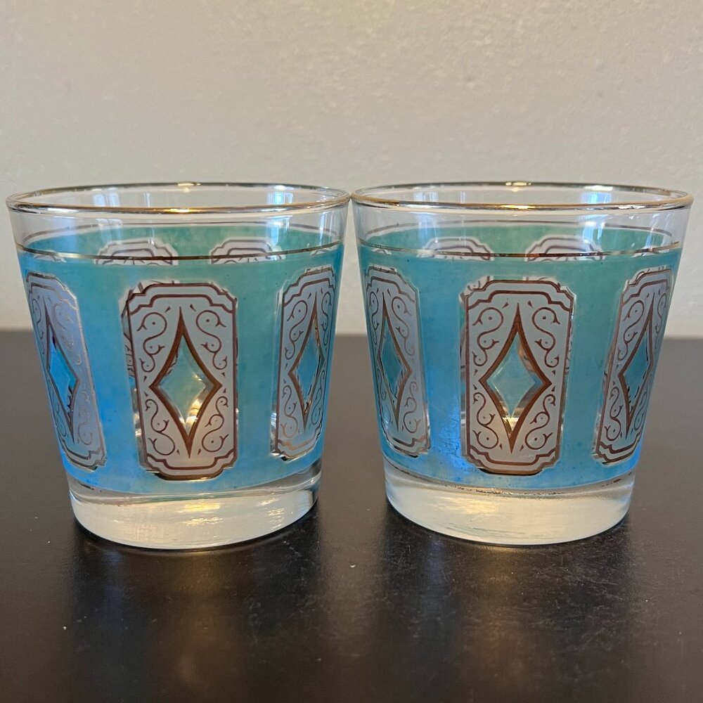 Vtg 1960s Libbey MCM Emerald Green 22K Gold Diamond Cocktail Glasses Set of 2